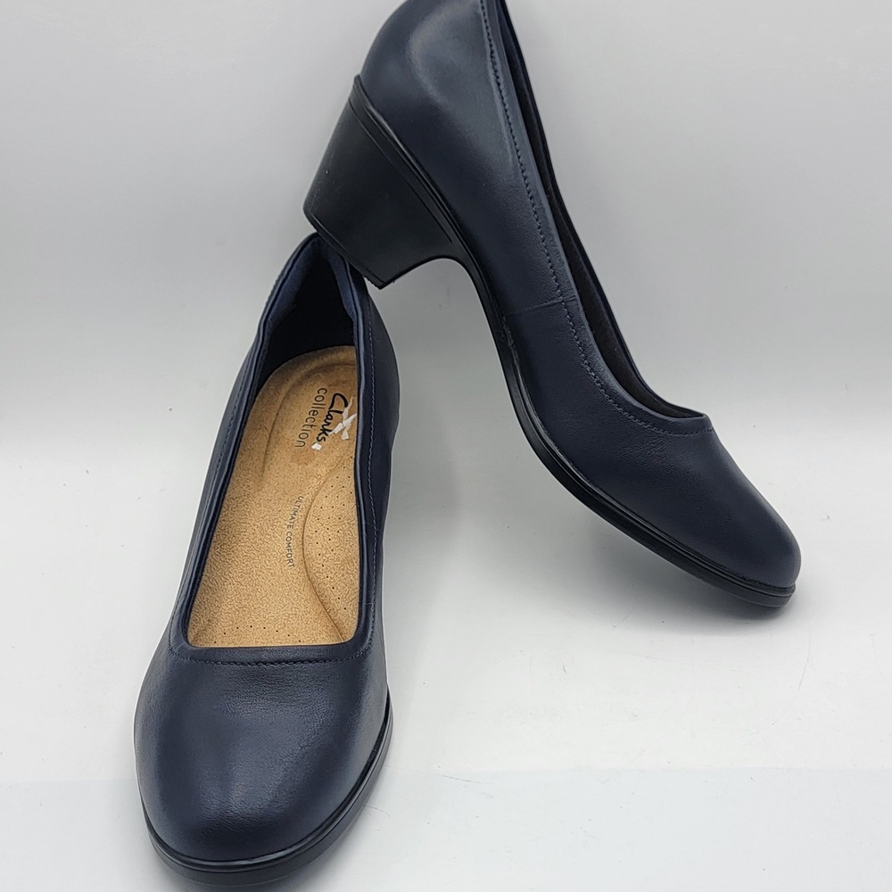 Clarks Collection Womens Navy Blue Leather Round Toe Block Heel Pumps Size 12 M